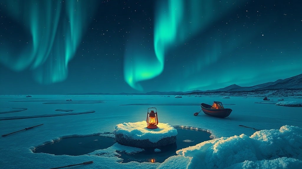 Night ice fishing on a frozen lake